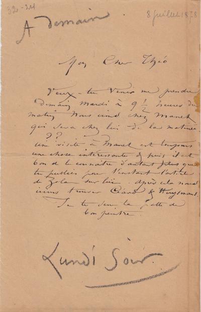 Lettre de Félicien Rops à Théo [Hannon]. [Paris], 1878/07/08. Bruxelles, Archives et Musée de la Littérature, ML/00026/0027