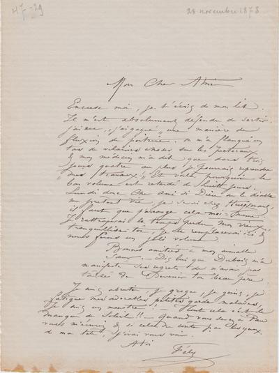 Lettre de Félicien Rops à [Théo] [Hannon]. [Paris], 1878/11/28. Bruxelles, Archives et Musée de la Littérature, ML/00026/0032