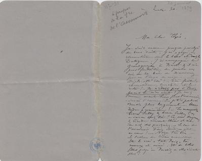 Lettre de Félicien Rops à Théo [Hannon]. [Paris], 1879/01/20. Bruxelles, Archives et Musée de la Littérature, ML/00026/0034