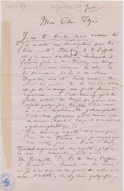 Lettre de Félicien Rops à Théo [Hannon]. [Paris], 1879/07/24. Bruxelles, Archives et Musée de la Littérature, ML/00026/0040