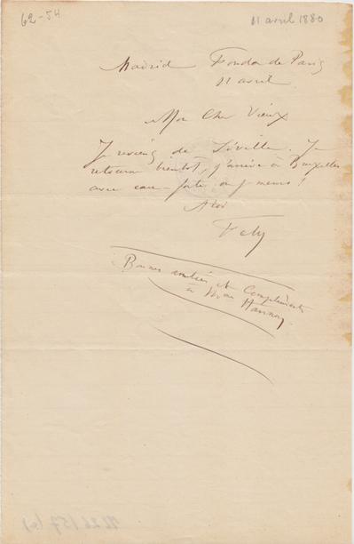 Lettre de Félicien Rops à [Théo] [Hannon]. [Madrid], 1880/04/11. Bruxelles, Archives et Musée de la Littérature, ML/00026/0057