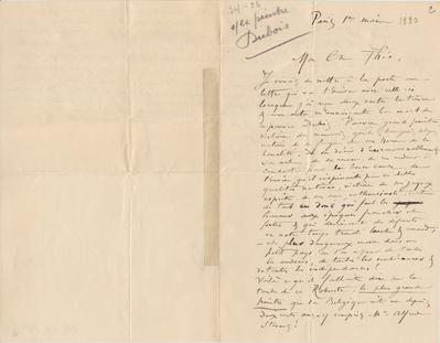 Lettre de Félicien Rops à Théo [Hannon]. Paris, 1880/05/01. Bruxelles, Archives et Musée de la Littérature, ML/00026/0058