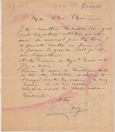 Lettre de Félicien Rops à Théo [Hannon]. [Paris], 1880/05/22. Bruxelles, Archives et Musée de la Littérature, ML/00026/0062