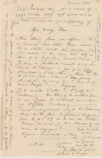 Lettre de Félicien Rops à Théo [Hannon]. [Paris], 1880/05/25. Bruxelles, Archives et Musée de la Littérature, ML/00026/0063