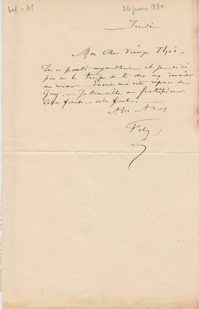 Lettre de Félicien Rops à Théo [Hannon]. [Paris], 1880/06/26. Bruxelles, Archives et Musée de la Littérature, ML/00026/0065