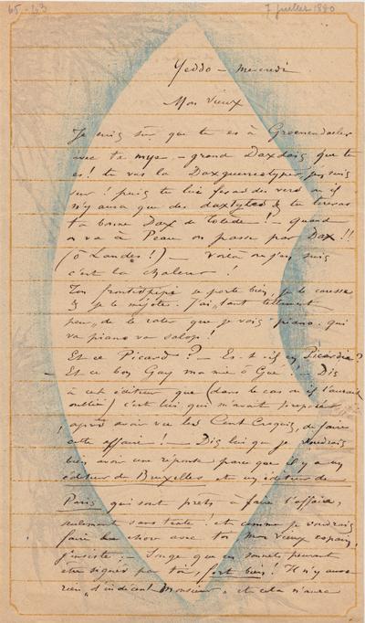 Lettre de Félicien Rops à [Théo] [Hannon]. [Paris], 1880/07/07. Bruxelles, Archives et Musée de la Littérature, ML/00026/0067