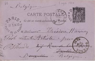 Carte postale de Félicien Rops à Théo Hannon. [Paris], 1880/09/03. Bruxelles, Archives et Musée de la Littérature, ML/00026/0073