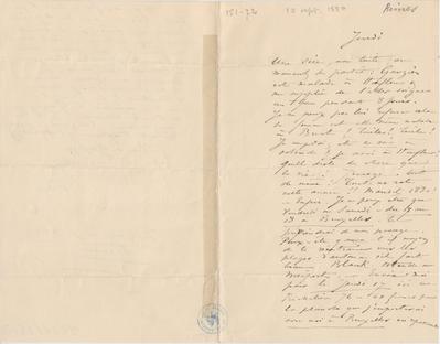 Lettre de Félicien Rops à [Théo] [Hannon]. [Paris], 1880/09/09. Bruxelles, Archives et Musée de la Littérature, ML/00026/0075