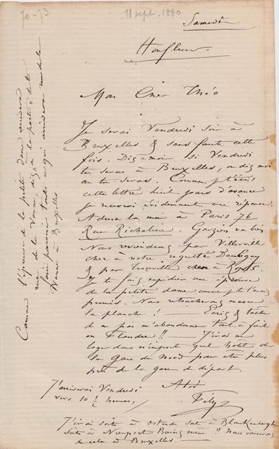 Lettre de Félicien Rops à Théo [Hannon]. Honfleur, 1880/09/11. Bruxelles, Archives et Musée de la Littérature, ML/00026/0076