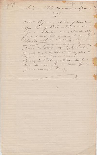 Lettre de Félicien Rops à Théo [Hannon]. Cabourg, 1880/09/14. Bruxelles, Archives et Musée de la Littérature, ML/00026/0077