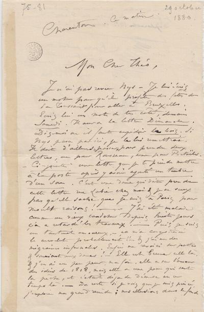 Lettre de Félicien Rops à Théo Hannon. Charenton, 1880/10/29. Bruxelles, Archives et Musée de la Littérature, ML/00026/0084