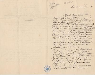 Lettre de Félicien Rops à Théo [Hannon]. [Paris], 1880/12/14. Bruxelles, Archives et Musée de la Littérature, ML/00026/0095