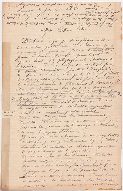 Lettre de Félicien Rops à Théo [Hannon]. [Paris], 1881/01/03. Bruxelles, Archives et Musée de la Littérature, ML/00026/0097