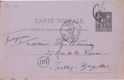 Carte postale de Félicien Rops à Théo Hannon. [Paris], 1881/01/11. Bruxelles, Archives et Musée de la Littérature, ML/00026/0101