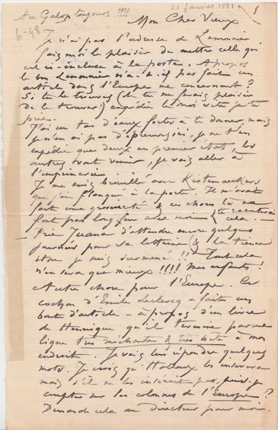 Lettre de Félicien Rops à Théo Hannon. [Paris], 1881/01/21. Bruxelles, Archives et Musée de la Littérature, ML/00026/0103