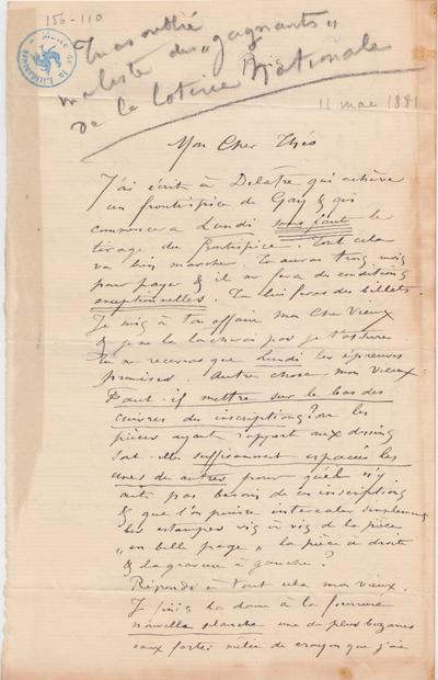 Lettre de Félicien Rops à Théo [Hannon]. Paris, 1881/05/11. Bruxelles, Archives et Musée de la Littérature, ML/00026/0114