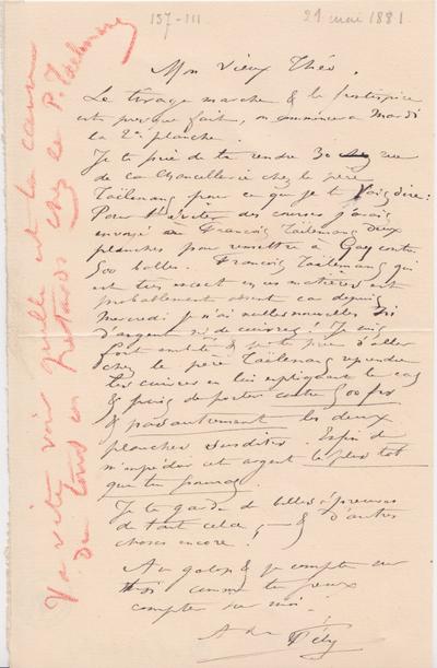 Lettre de Félicien Rops à Théo [Hannon]. Paris, 1881/05/21. Bruxelles, Archives et Musée de la Littérature, ML/00026/0115