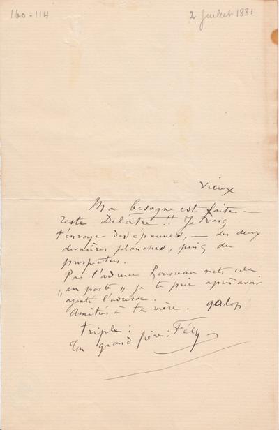 Lettre de Félicien Rops à [Théo] [Hannon]. [Paris], 1881/07/02. Bruxelles, Archives et Musée de la Littérature, ML/00026/0118