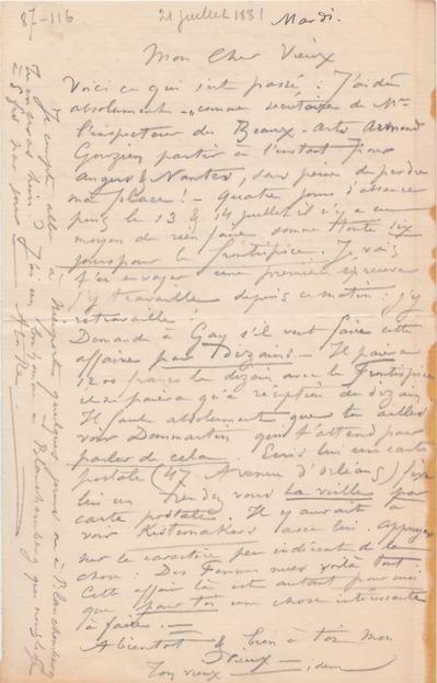 Lettre de Félicien Rops à [Théo] [Hannon]. [Paris], 1881/07/21. Bruxelles, Archives et Musée de la Littérature, ML/00026/0120