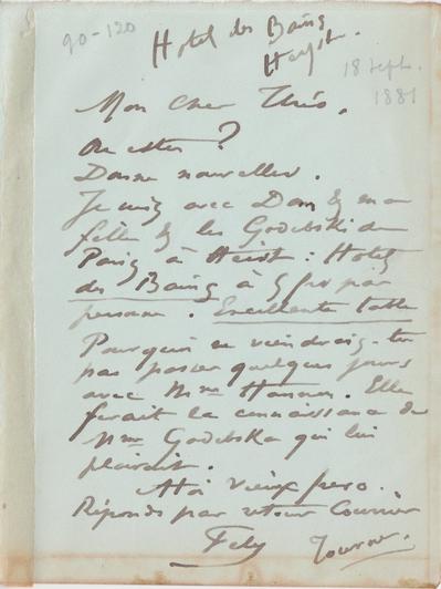 Lettre de Félicien Rops à Théo [Hannon]. Heyst, 1881/09/19. Bruxelles, Archives et Musée de la Littérature, ML/00026/0125