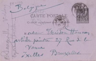 Carte postale de Félicien Rops à Théo Hannon. Paris, 1881/11/29. Bruxelles, Archives et Musée de la Littérature, ML/00026/0131