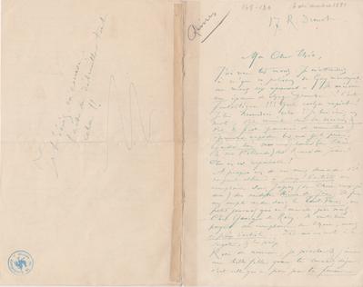 Lettre de Félicien Rops à Théo [Hannon]. Paris, 1881/12/06. Bruxelles, Archives et Musée de la Littérature, ML/00026/0134