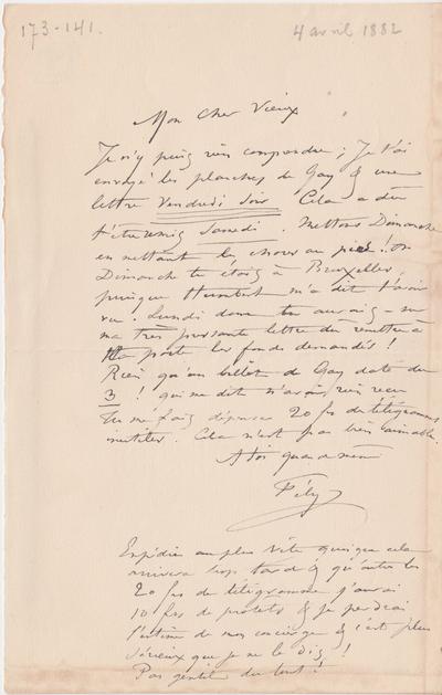 Lettre de Félicien Rops à [Théo] [Hannon]. Paris, 1882/04/04. Bruxelles, Archives et Musée de la Littérature, ML/00026/0145