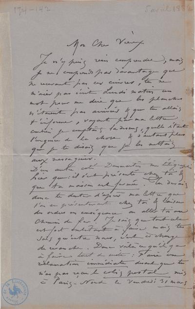 Lettre de Félicien Rops à [Théo] [Hannon]. [Paris], 1882/04/05. Bruxelles, Archives et Musée de la Littérature, ML/00026/0146