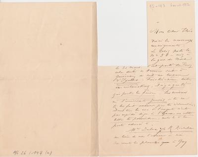 Lettre (avec partie découpée) de Félicien Rops à Théo [Hannon]. [Paris], 1882/04/06. Bruxelles, Archives et Musée de la Littérature, ML/00026/0147