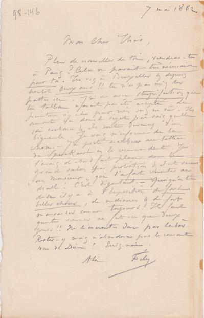 Lettre de Félicien Rops à Théo [Hannon]. [Paris], 1882/05/07. Bruxelles, Archives et Musée de la Littérature, ML/00026/0149