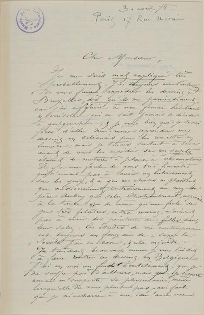 Lettre de Félicien Rops à [Edmond] [Picard]. Paris, 1878/04/30. Bruxelles, Archives et Musée de la Littérature, ML/00631/0011