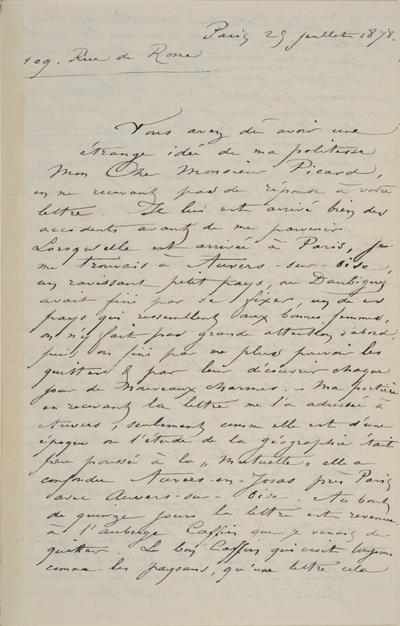 Lettre de Félicien Rops à [Edmond] Picard. Paris, 1878/07/29. Bruxelles, Archives et Musée de la Littérature, ML/00631/0012