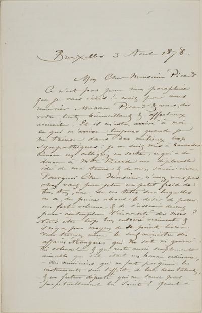 Lettre de Félicien Rops à [Edmond] Picard. Bruxelles, 1878/08/03. Bruxelles, Archives et Musée de la Littérature, ML/00631/0013