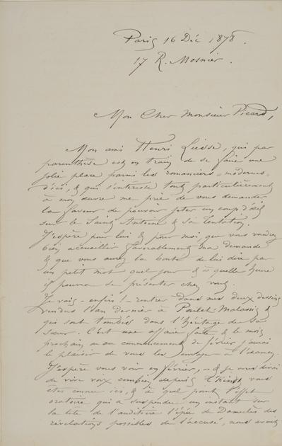 Lettre de Félicien Rops à [Edmond] Picard. Paris, 1878/12/16. Bruxelles, Archives et Musée de la Littérature, ML/00631/0014