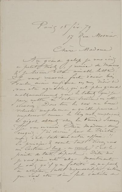 Lettre de Félicien Rops à [Adèle] [Picard-Olin]. Paris, 1879/02/15. Bruxelles, Archives et Musée de la Littérature, ML/00631/0015