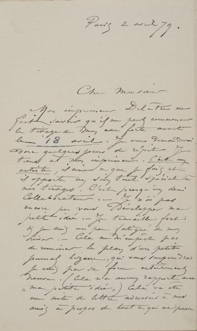 Lettre de Félicien Rops à [Edmond] [Picard]. Paris, 1879/04/02. Bruxelles, Archives et Musée de la Littérature, ML/00631/0018