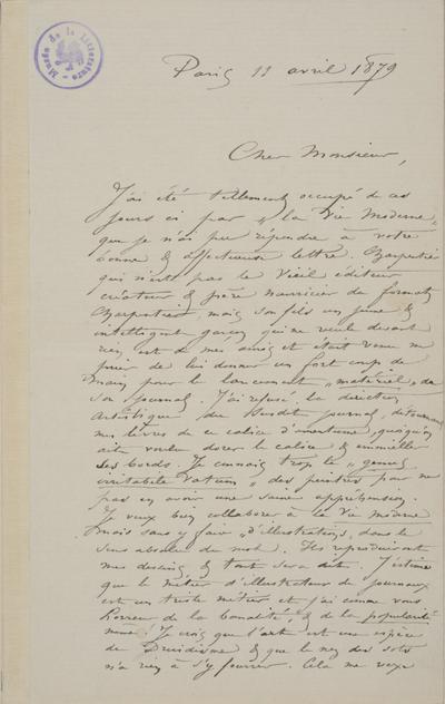 Lettre de Félicien Rops à [Edmond] [Picard]. Paris, 1879/04/11. Bruxelles, Archives et Musée de la Littérature, ML/00631/0019