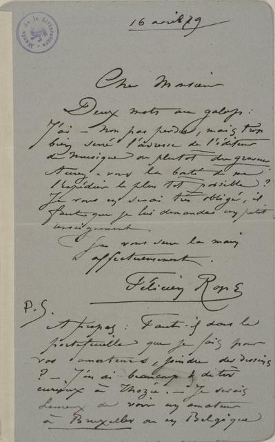 Lettre de Félicien Rops à [Edmond] [Picard]. s.l., 1879/04/16. Bruxelles, Archives et Musée de la Littérature, ML/00631/0020