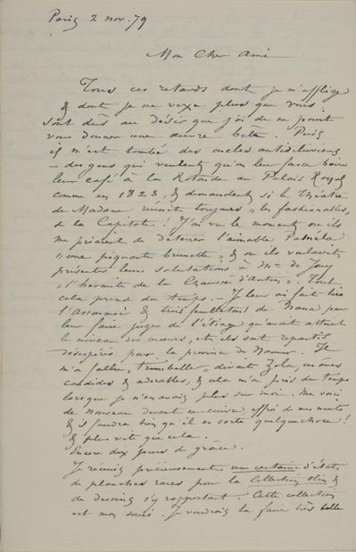 Lettre de Félicien Rops à [Edmond] [Picard]. Paris, 1879/11/02. Bruxelles, Archives et Musée de la Littérature, ML/00631/0022