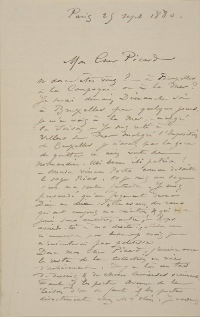 Lettre de Félicien Rops à [Edmond] Picard. Paris, 1880/09/25. Bruxelles, Archives et Musée de la Littérature, ML/00631/0034