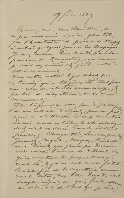 Lettre de Félicien Rops à [Edmond] [Picard]. [Bruxelles], 1887/02/17. Bruxelles, Archives et Musée de la Littérature, ML/00631/0048