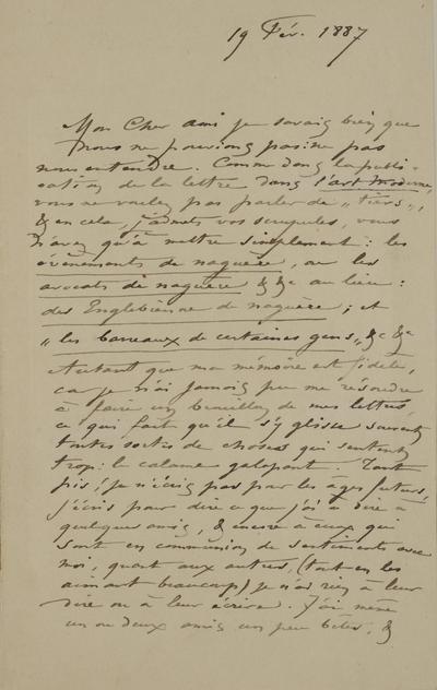 Lettre de Félicien Rops à [Edmond] [Picard]. [Paris], 1887/02/19. Bruxelles, Archives et Musée de la Littérature, ML/00631/0049