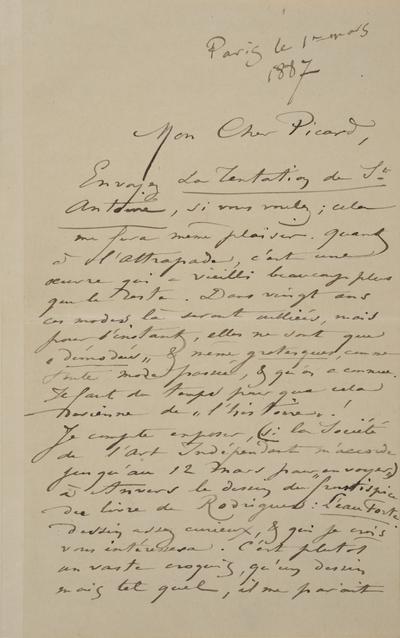 Lettre de Félicien Rops à [Edmond] Picard. Paris, 1887/03/01. Bruxelles, Archives et Musée de la Littérature, ML/00631/0050