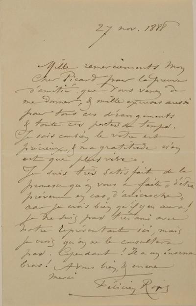 Lettre de Félicien Rops à [Edmond] Picard. [Paris], 1888/11/27. Bruxelles, Archives et Musée de la Littérature, ML/00631/0051