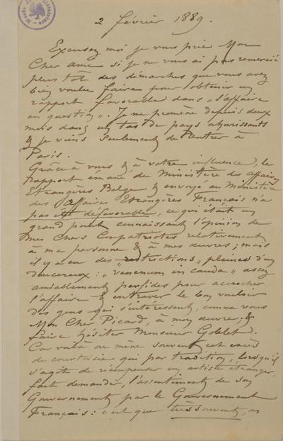Lettre de Félicien Rops à [Edmond] [Picard]. [Paris], 1889/02/02. Bruxelles, Archives et Musée de la Littérature, ML/00631/0052