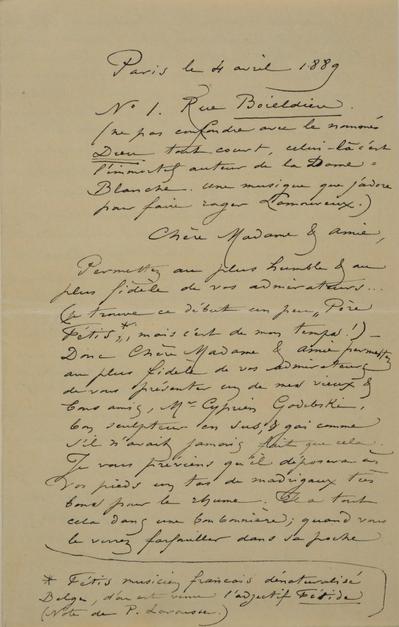 Lettre de Félicien Rops à [Adèle] [Picard-Olin]. Paris, 1889/04/04. Bruxelles, Archives et Musée de la Littérature, ML/00631/0053