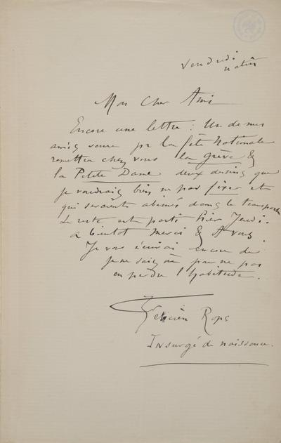 Lettre de Félicien Rops à [Edmond] [Picard]. s.l., 0000/00/00. Bruxelles, Archives et Musée de la Littérature, ML/00631/0062