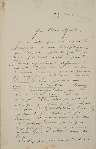 Lettre de Félicien Rops à [Octave] Maus. [Paris], 0000/03/25. Bruxelles, Archives et Musée de la Littérature, ML/00631/0067