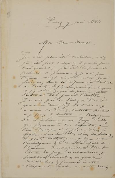 Lettre de Félicien Rops à [Octave] Maus. Paris, 1884/06/09. Bruxelles, Archives et Musée de la Littérature, ML/00631/0068