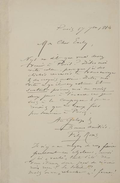 Lettre de Félicien Rops à [Léon] Evely. Paris, 1884/09/17. Bruxelles, Archives et Musée de la Littérature, ML/00631/0069